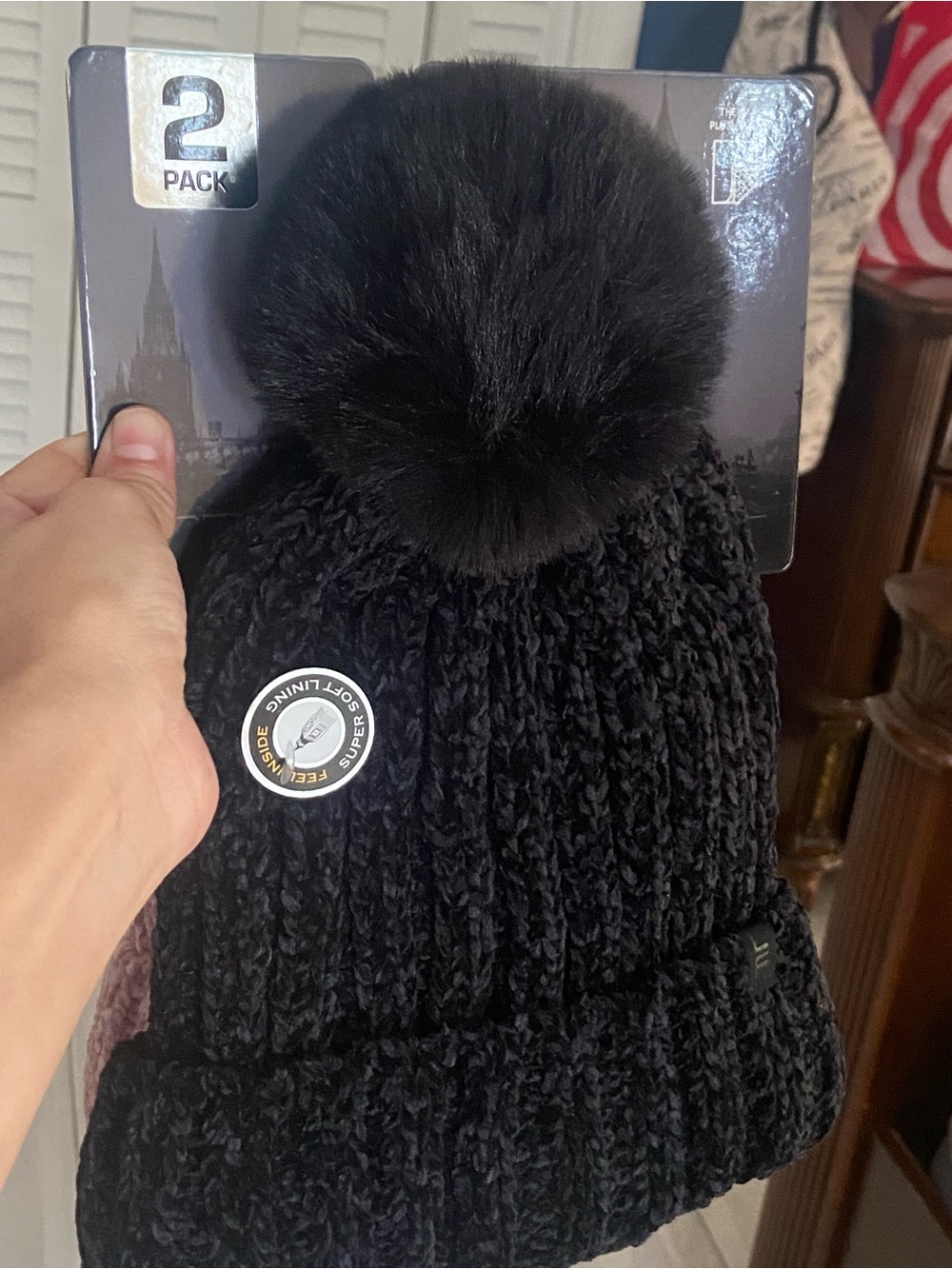 London Fog Woman Black Pom Beanie Hat - Cozy Winter Knit